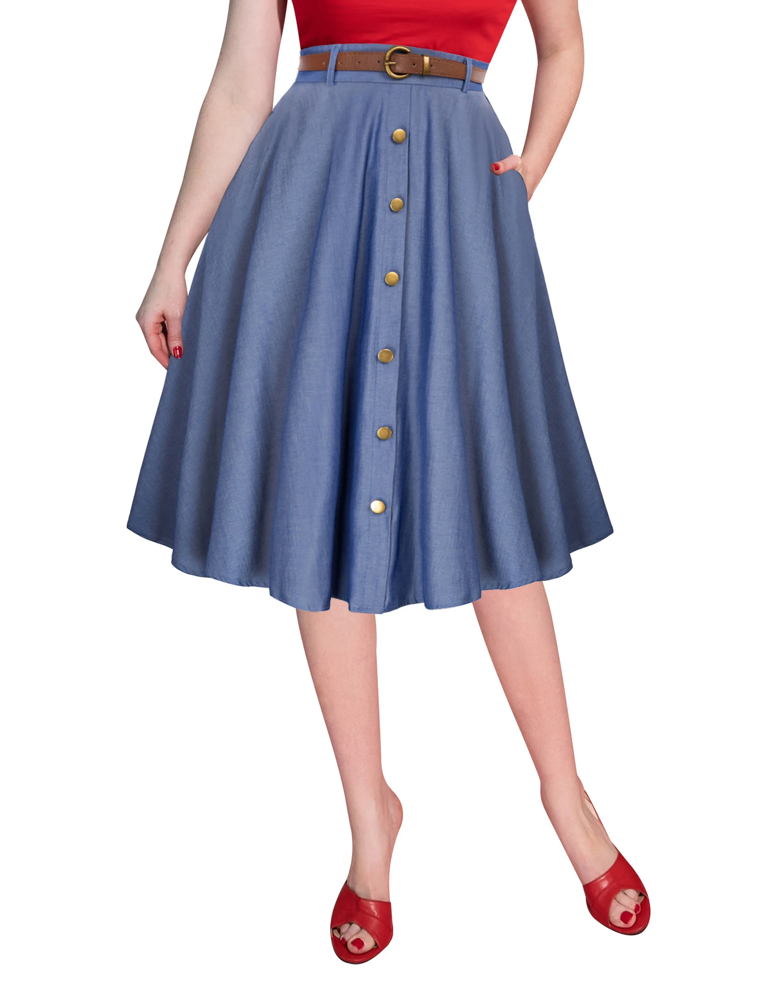 Swing Skirt with Belt Elastic High Waist Buttons Decorated Skirt