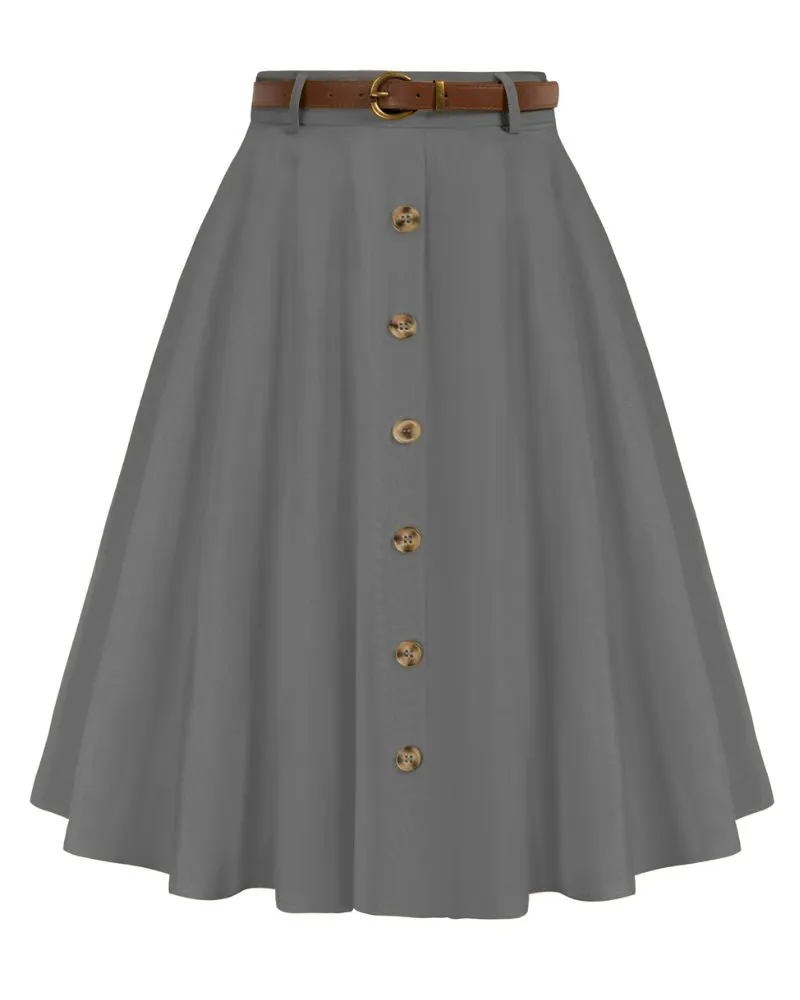 Swing Skirt with Belt Elastic High Waist Buttons Decorated Skirt