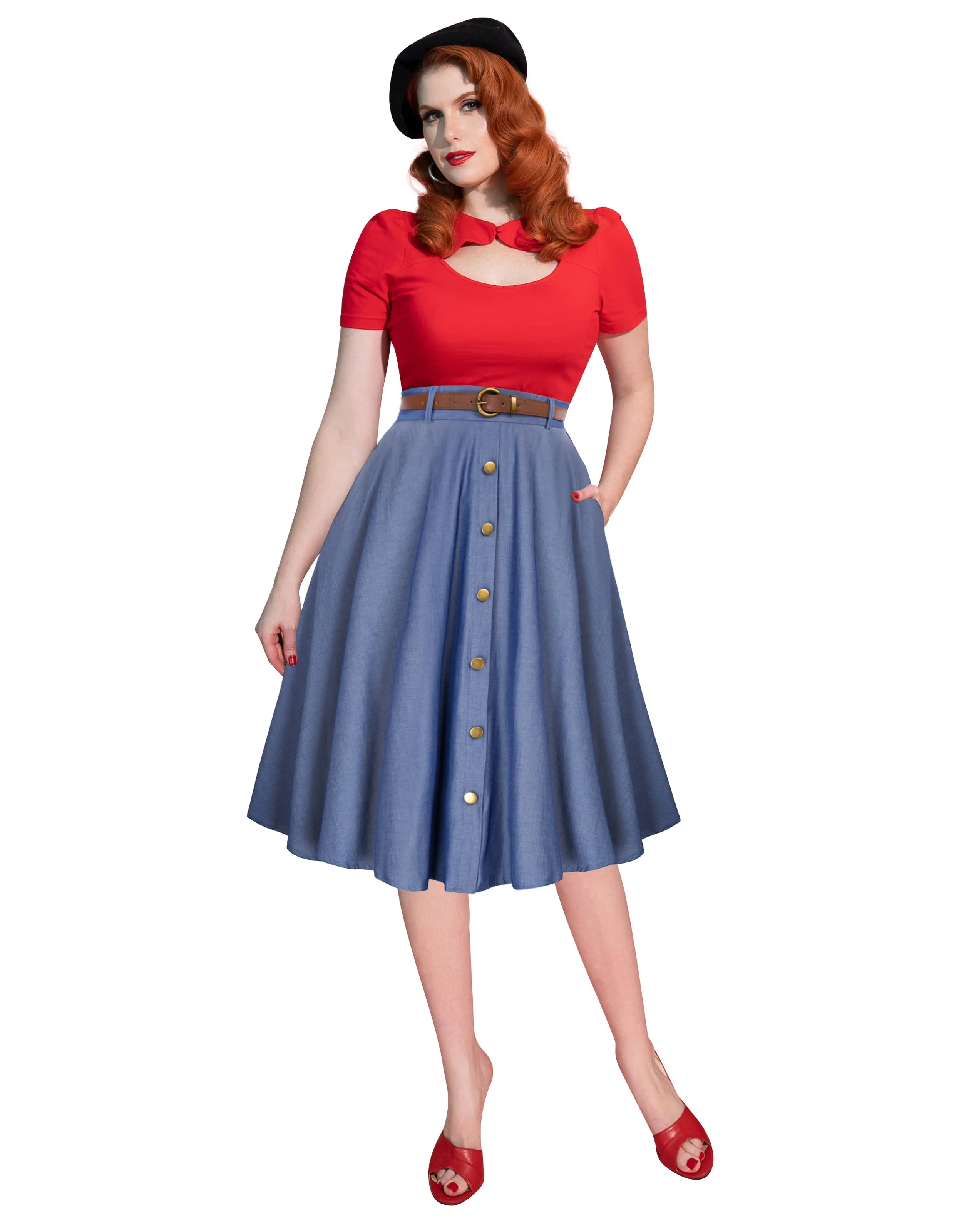 Swing Skirt with Belt Elastic High Waist Buttons Decorated Skirt