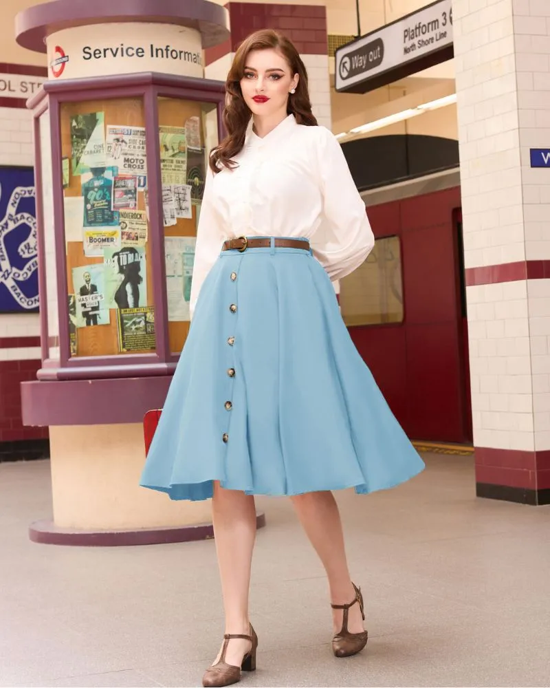 Swing Skirt with Belt Elastic High Waist Buttons Decorated Skirt