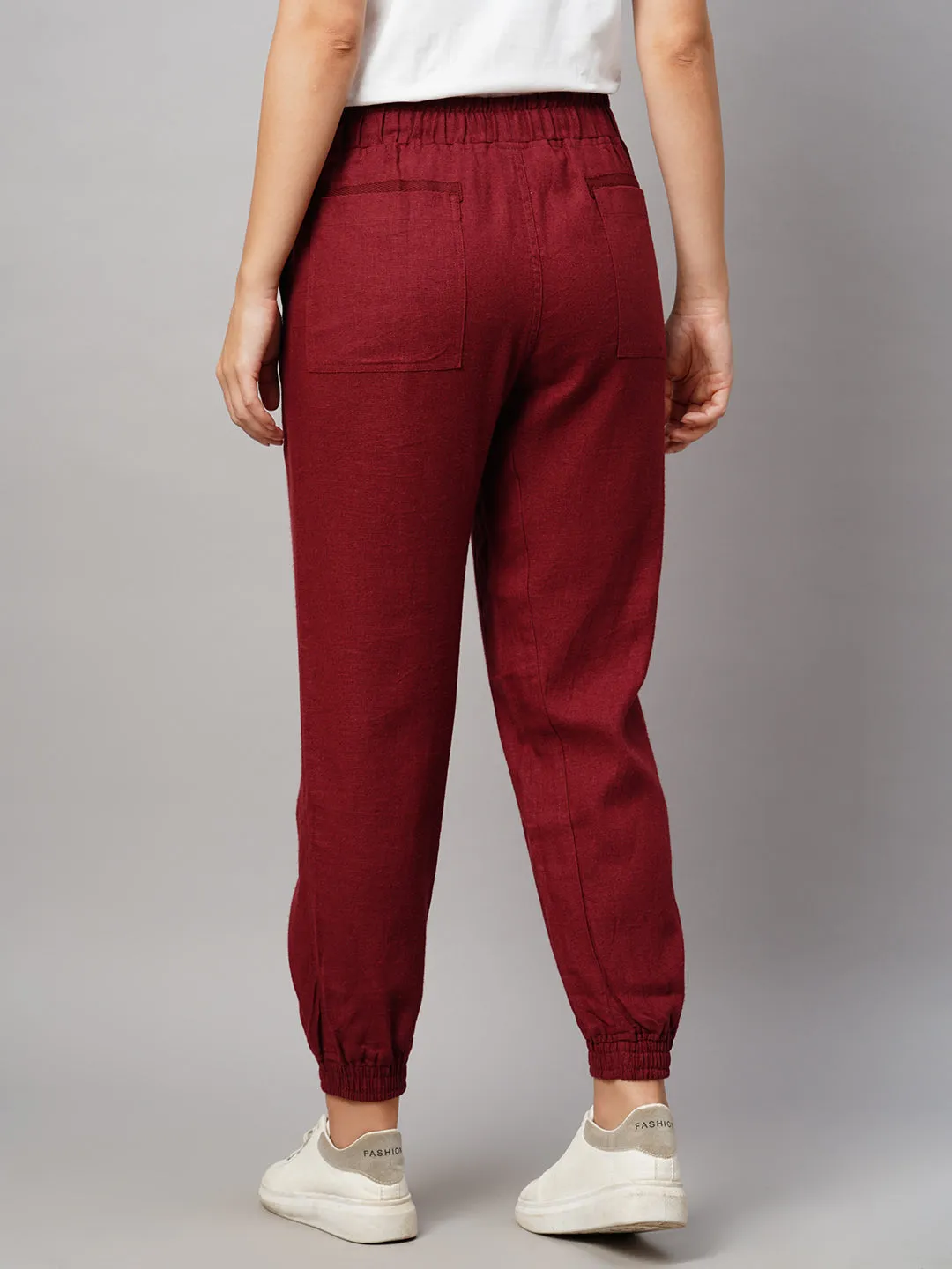 Women's Maroon/Red Linen Viscose Regular Fit Pant