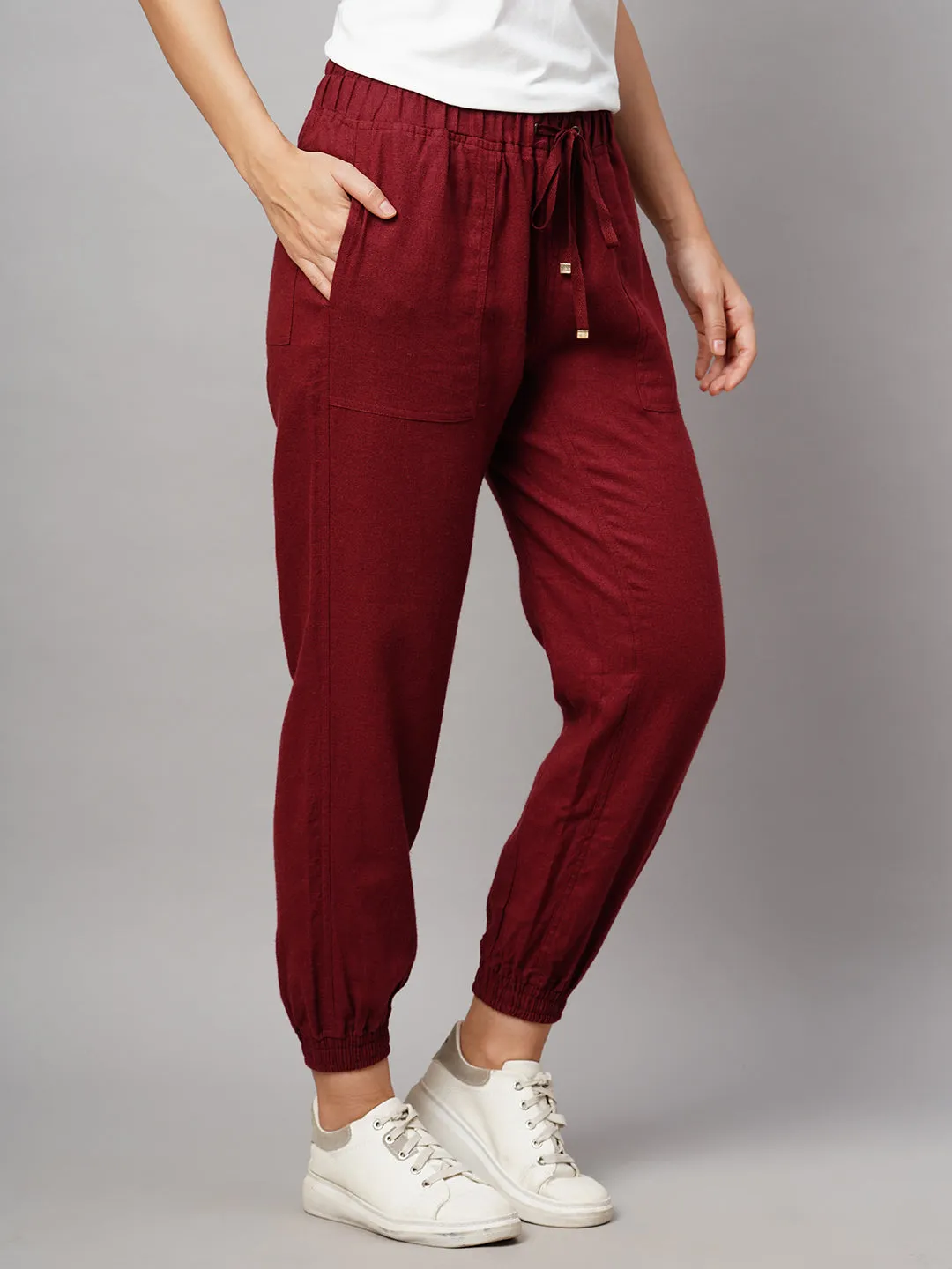 Women's Maroon/Red Linen Viscose Regular Fit Pant