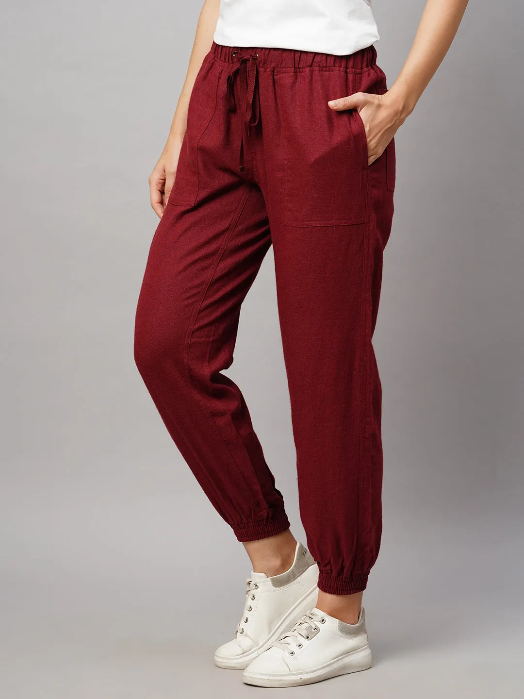 Women's Maroon/Red Linen Viscose Regular Fit Pant